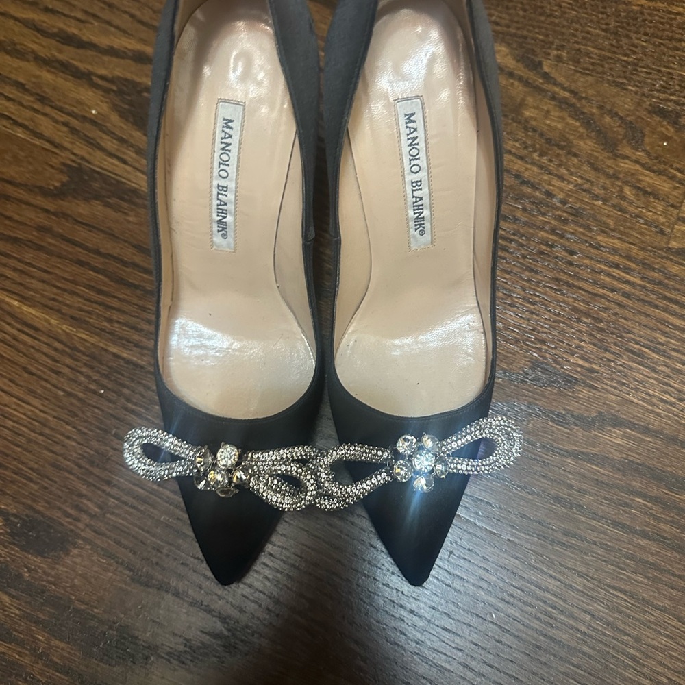 Manolo Blahnik Black Heels with Crystal Embellishments
